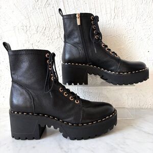 Vince Camuto Mecale Combat Boot Women's 7.5 Black Leather Lace-Up Side Zip